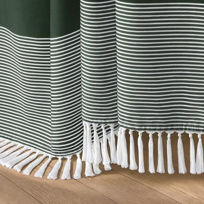 Dark Green Boho Cotton Striped Shower Curtain with Tassel 72"W X 72"L