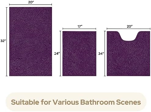 HOMEIDEAS Purple Chenille Bathroom Rugs Set of 3, Non Slip Bath Mat