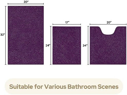 HOMEIDEAS Purple Chenille Bathroom Rugs Set of 3, Non Slip Bath Mat