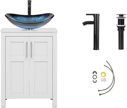 YOURLITE 24" Bathroom Vanity with Sink, White Bathroom Vanity and Sink Combo with Faucet & Pop Up Drain Set,Traditional Vanity with Blue Glass Bowl Bathroom Sink