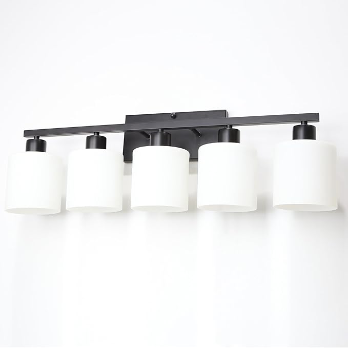 SILAMPDI Black Bathroom Light Fixtures Over Mirror, 5-Light Vanity Lights for Bathroom, Modern Wall Sconces Lighting for Bedroom Living Room, Milky White Glass Shades, E26 Base, Bulbs Not Included