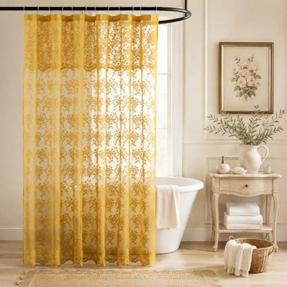 Mustard Yellow Lace Shower Curtain with Attached Valance 72x84 Inch