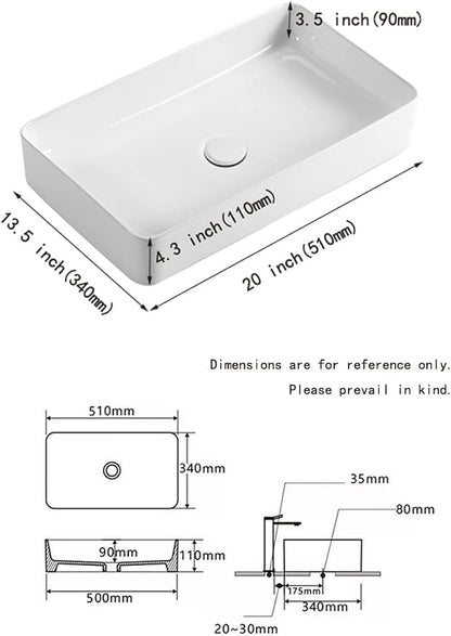 20" x 13.5" Rectangular Vessel Sink for Bathroom - KINGWONG Above Counter White Ceramic Porcelain Vanity Sink, Shallow Depth 4.3", No Overflow Hole, Top Mount Bathroom Basin for Modern Home