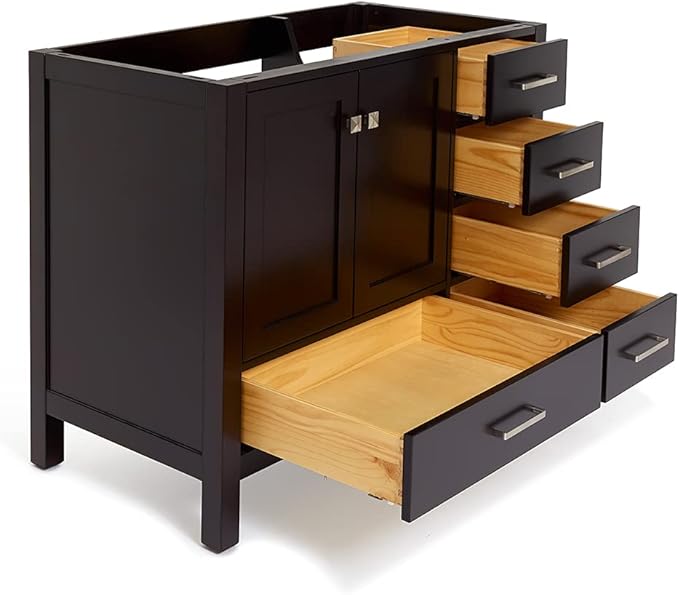 ARIEL Cambridge 42-inch Bathroom Vanity Base Cabinet,Solid Wood, 2 Soft Closing Doors, 5 Dovetail Drawers, Espresso