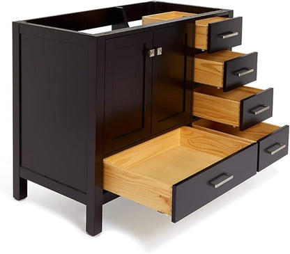 ARIEL Cambridge 42-inch Bathroom Vanity Base Cabinet,Solid Wood, 2 Soft Closing Doors, 5 Dovetail Drawers, Espresso