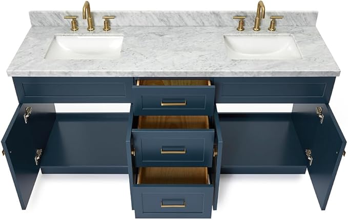 DKB Bradford 72 Inch Bathroom Vanity Double Sink — Midnight Blue Bathroom Vanity with Sink, 1.5" Edge Italian Carrara Marble Countertop & Backsplash, 4 Soft-Close Doors, and 3 Dovetail Drawers