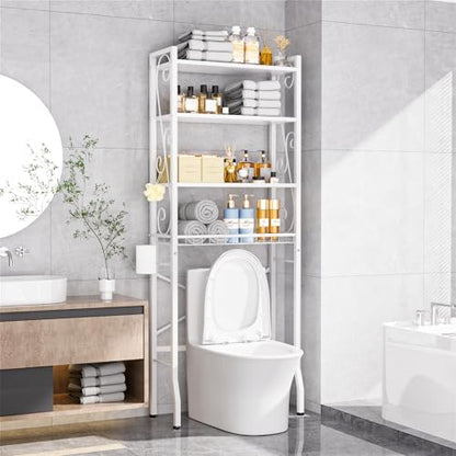 Over-The-Toilet Storage Rack 4-Tier,Bathroom Organizer Shelf Over Toilet,Adjustable Wooden Shelves and Basket,Freestanding Above Toilet Shelve,Space Saver for Rooms(White Rack-White Shelves)