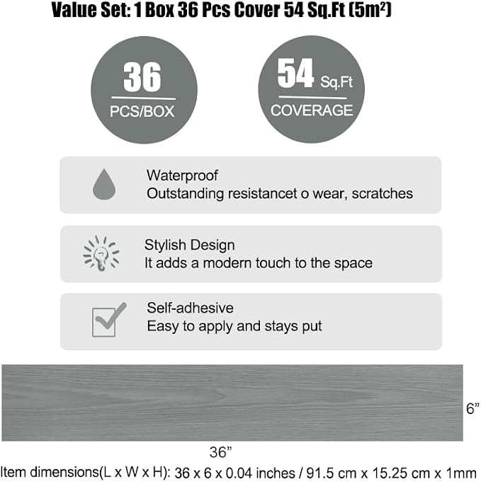 Hilarious Peel and Stick Vinyl Floor Tiles, Dark Gray Wood Look, 36 Planks Cover 54 Sq.Ft Waterproof Self-Adhesive Flooring for Kitchen Bathroom, Living Room, RV, Modern Style Vinyl Flooring, Easy DIY