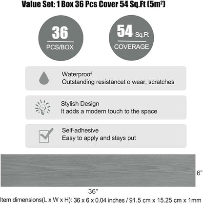 Hilarious Peel and Stick Vinyl Floor Tiles, Dark Gray Wood Look, 36 Planks Cover 54 Sq.Ft Waterproof Self-Adhesive Flooring for Kitchen Bathroom, Living Room, RV, Modern Style Vinyl Flooring, Easy DIY