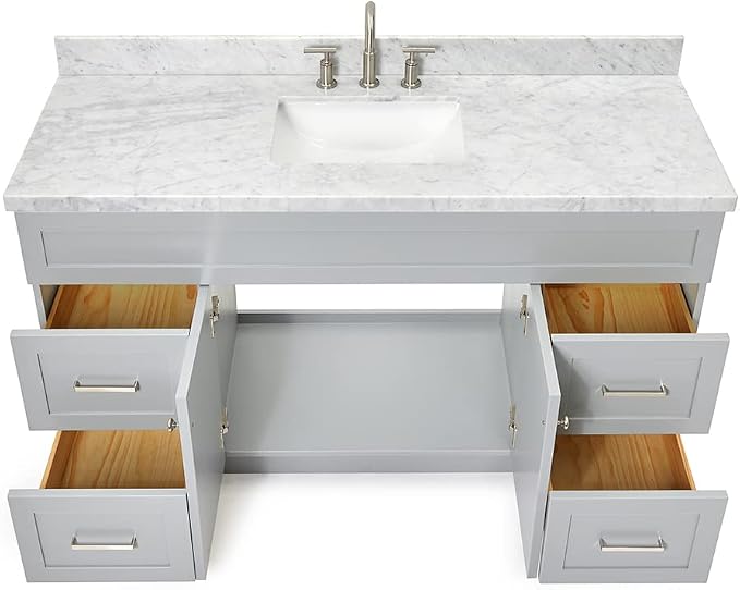Bradford 60 Inch Bathroom Vanity Single Sink — Grey Bathroom Vanity with Sink, 1.5" Edge Italian Carrara Marble Countertop, Solid Wood, 2 Soft-Close Doors, 4 Dovetail Drawers