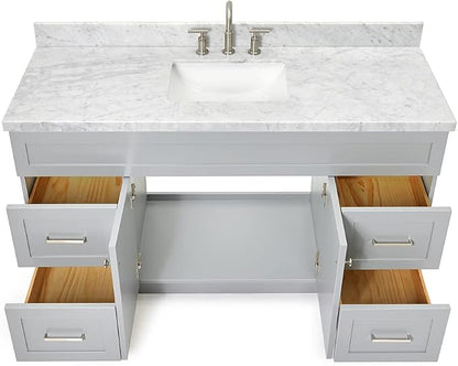 Bradford 60 Inch Bathroom Vanity Single Sink — Grey Bathroom Vanity with Sink, 1.5" Edge Italian Carrara Marble Countertop, Solid Wood, 2 Soft-Close Doors, 4 Dovetail Drawers