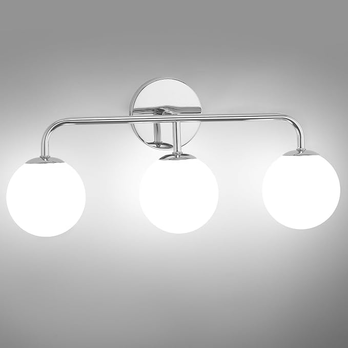 Chrome Vanity Lights, Mid Century Modern 3-Light Bathroom Lighting Fixture Over Mirror, Polished Wall Sconces With Frosted Milk Glass Shade