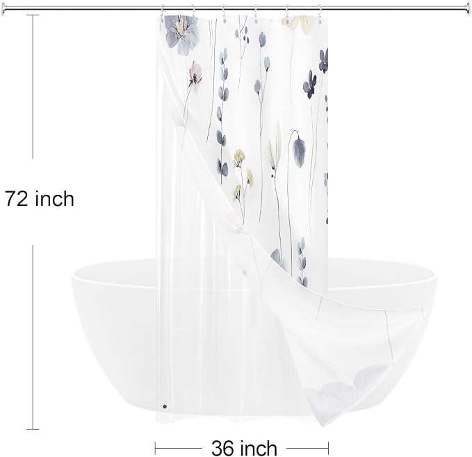 Small Stall 3 in 1 Shower Curtain Set, 36x72 | Narrow Half 3 in 1 Shower Curtain Set, PEVA Liner Set & 12 Double Sided Steel Hooks, Waterproof Fabric Bathroom Curtain