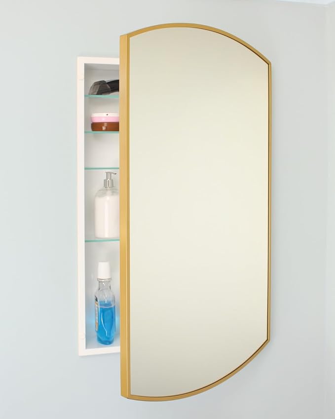 Fox Hollow Furnishings 20x30 Harper Crescent Metal Framed Rectangle Recessed Bathroom Medicine Cabinet, Arced Mirror, 14x18 in-Wall Opening, Adjustable Glass Shelves, Magnet Close, Gold