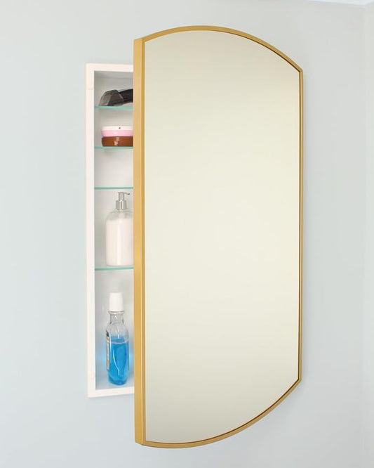 Fox Hollow Furnishings 20x30 Harper Crescent Metal Framed Rectangle Recessed Bathroom Medicine Cabinet, Arced Mirror, 14x18 in-Wall Opening, Adjustable Glass Shelves, Magnet Close, Gold