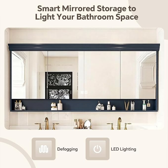 48-92IN Single/Double Sink Bathroom Vanity, Defogging Smart Mirror, Modern American Free Standing Vanity with Bathroom Cabinet