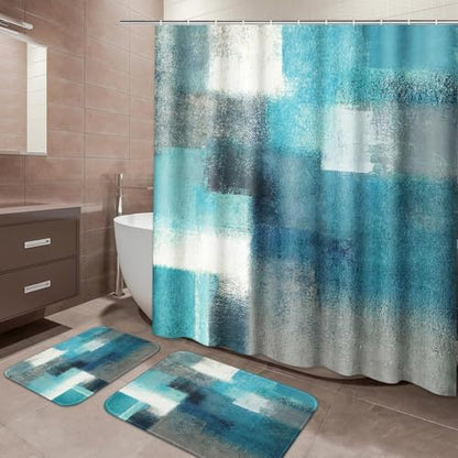 ArtSocket Bathroom Set, Shower Curtain and Bath Rugs Abstract Teal Grey
