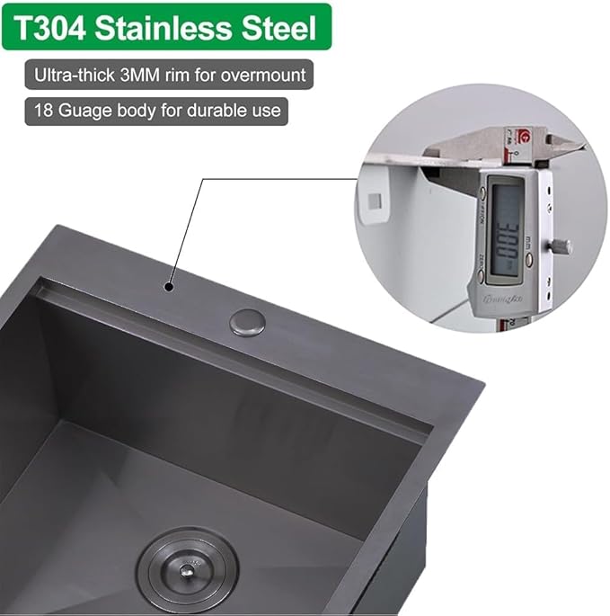 KINGO HOME Black Bar Sink Drop in,20 x 21 Inch Single Bowl Small Kitchen Sinks,304 Stainless Steel Topmount Wet Bar Prep Sink With Grid&Drainer&Cutting Board