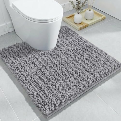 Disolla Toilet Rug 24x24 Inch - Grey U-Shaped Bathroom Floor Mat, Soft Shaggy Plush Absorbent Chenille Contour Rug, Non-Slip Washable Pedestal Base Rug