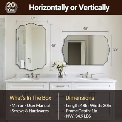 ANDY STAR 30x48 Inch Large Bathroom Mirror, Brushed Nickel Asymmetrical Mirror, Modern Rectangle Mirror with Unique Wavy Design, Premium Stainless Steel Metal, Wall-Mounted Vertically/Horizontally