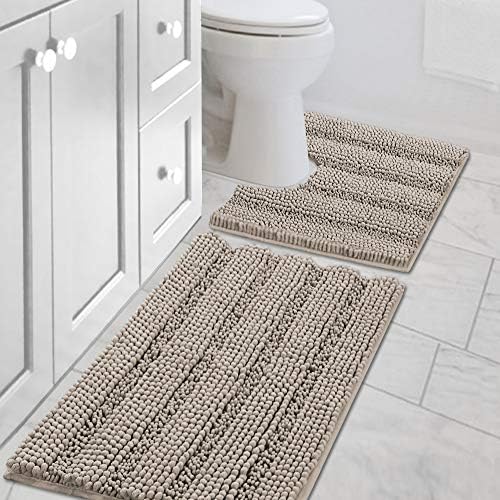 H.VERSAILTEX Bathroom Rugs Bath Rug Set 2 Piece Bathroom Contour Rug Toilet Mat Sets Non Slip Contour Bath Rug Ultra Thick Water Absorbent Striped Bath Mats Washable(20" x 32" Plus 20" x 20" U, Taupe)