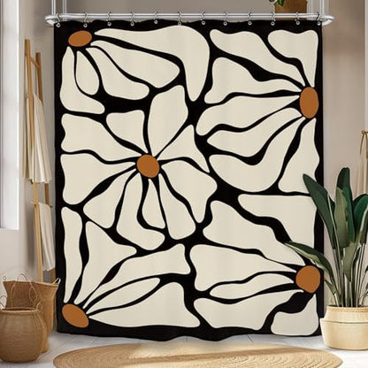 Matisse Flower Shower Curtain 60Wx72L Inch Abstract Retro Aesthetic Minimalist Modern Vintage Art 70s Modern Black Beige Bathroom Set Accessories Decor with 12 Pack Hooks