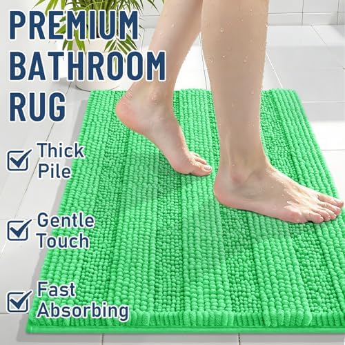 Grandaily Chenille Striped Bathroom Rugs 24x16, Extra Thick and Soft Absorbent Bath Mats, Rubber Backing, Plush Shaggy Shower Carpet, Machine Wash Dry, Bath Rug for Bathroom, Mint Green