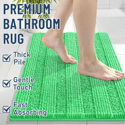 Grandaily Chenille Striped Bathroom Rugs 24x16, Extra Thick and Soft Absorbent Bath Mats, Rubber Backing, Plush Shaggy Shower Carpet, Machine Wash Dry, Bath Rug for Bathroom, Mint Green