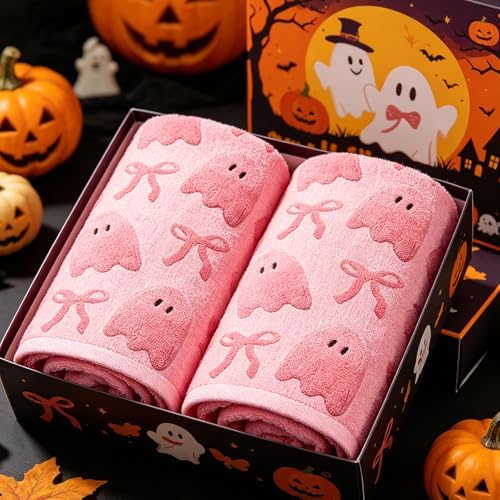 2 Pack Halloween Hand Towels 100% Cotton Jacquard Ghost Halloween Kitchen Towels White Bathroom Towels Set Seasonal Bathroom Decor (Bow and Ghost, Halloween)