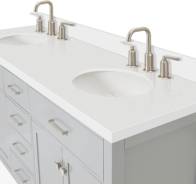 ARIEL Bristol 72-inch Bathroom Vanity with Sink,Solid Wood, 1.5-inch Pure White Quartz Countertop & Backsplash, Double Oval Porcelain Sink, 4 Soft Closing Doors, 4 Dovetail Drawers, Grey