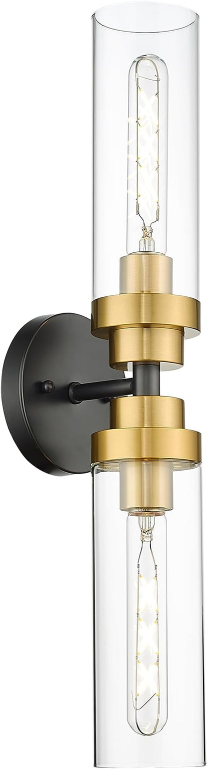 Emak Black and Gold Vanity Lights for Mirror, Modern 22 Inch Bathroom Light Fixtures with Clear Glass Shade, 2-Light Cylinder Wall Sconce for Bathroom, Bedroom, Hallway, VL085-BKBGD-2