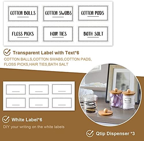 VITEVER 3 Pack Qtip Holder Dispenser with Bamboo Lids - 10 oz Clear Plastic Apothecary Jar Containers for Vanity Makeup Organizer Storage - Bathroom Accessories Set for Cotton Swab, Ball, Pads, Floss
