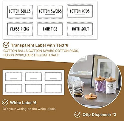 VITEVER 3 Pack Qtip Holder Dispenser with Bamboo Lids - 10 oz Clear Plastic Apothecary Jar Containers for Vanity Makeup Organizer Storage - Bathroom Accessories Set for Cotton Swab, Ball, Pads, Floss