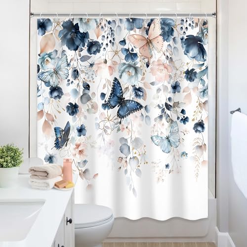 Blue Pink Floral Butterfly Spring Summer Bathroom Shower Curtain Set