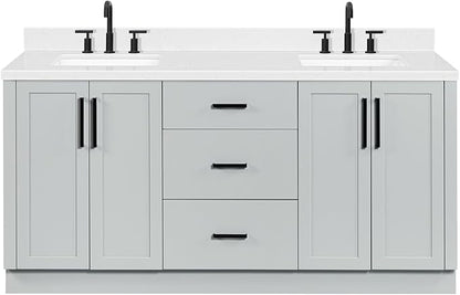 ARIEL Loren 72-inch Bathroom Vanity with Sink,Solid Wood, 1.5-inch Carrara White Quartz Countertop, Double Rectangular Porcelain Sink, 4 Soft Closing Doors, 3 Dovetail Drawers, Grey