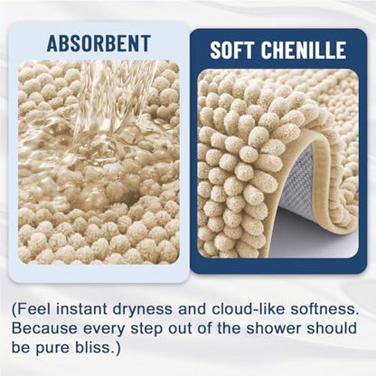 Grandaily Chenille Striped Bathroom Rugs 70x24, Extra Thick and Soft Absorbent Bath Mats, Rubber Backing, Plush Shaggy Shower Carpet, Machine Wash Dry, Bath Rug for Bathroom, Light Beige