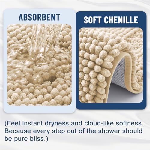 Grandaily Chenille Striped Bathroom Rugs 59x20, Extra Thick and Soft Absorbent Bath Mats, Rubber Backing, Plush Shaggy Shower Carpet, Machine Wash Dry, Bath Rug for Bathroom, Light Beige