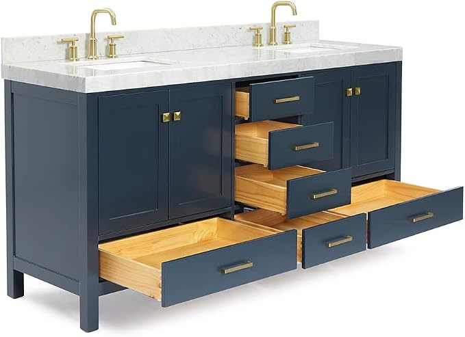 ARIEL Cambridge 72-inch Bathroom Vanity with Sink,Solid Wood, 2-inch Italian Carrara Marble Countertop, Double Rectangular Porcelain Sink, 4 Soft Closing Doors, 6 Dovetail Drawers, Midnight Blue