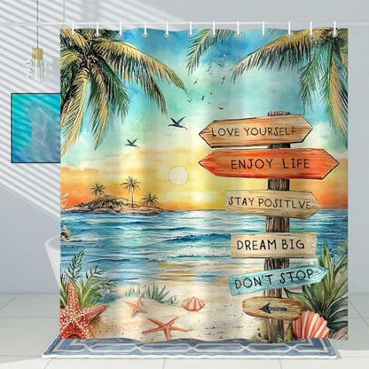 Beach Shower Curtain for Bathroom,Tropical Palm Tree Coastal Nautical Ocean Quotes Inspirational, Sunset Scenery Shower Curtain Set with Hooks,60Wx70H