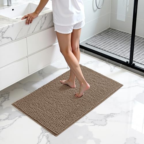 SUBRTEX Bathroom Rugs, 24" x 36" Chenille Bath Rug Soft Short Plush Bath Mat Soft Shower Mat Water Absorbent Shower Mat Quick Dry Machine Washable, Taupe Brown