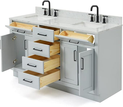 ARIEL Hepburn 60-inch Bathroom Vanity with Sink,Solid Wood, 0.75-inch Italian Carrara Marble Countertop, Double Rectangular Porcelain Sink, 4 Soft Closing Doors, 6 Dovetail Drawers, Grey