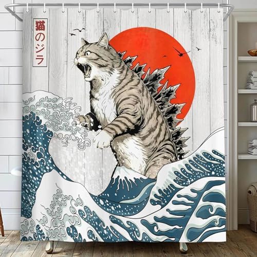 JAWO Funny Cat Shower Curtain, Japanese Ocean Wave Cat Fun Shower Curtain Nautical Kids Children Rustic Wooden Farmhouse Shower Curtains, 60X70inch
