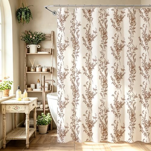 Brown Linen Farmhouse Shower Curtain, Boho Floral Bathroom 72x84