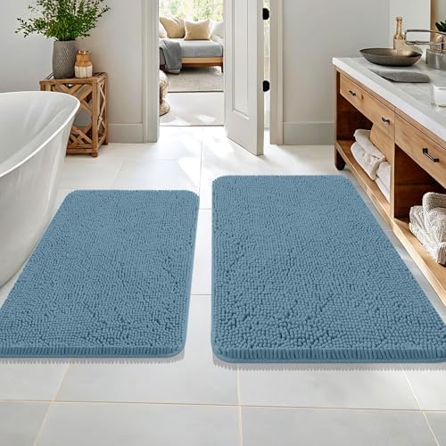 OLANLY Chenille Bathroom Rugs Mats Sets 2 Piece, 36"x24"+30"x20", Airy Blue