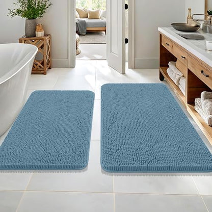 OLANLY Chenille Bathroom Rugs Mats Sets 2 Piece, 36"x24"+30"x20", Airy Blue