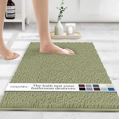 MAYSHINE Small Plush Shaggy Chenille Bath Mat 23"x14" Extra Soft, Super Absorbent, Non-Slip Bathroom Rug | Fluffy Microfiber, Area Rug Sets for Bathroom Floor, Kitchen, Living Room | Sage Green