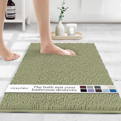 MAYSHINE Standard Plush Shaggy Chenille Bath Mat 32"x20" Extra Soft, Super Absorbent, Non-Slip Bathroom Rug | Fluffy Microfiber, Area Rug Sets for Bathroom Floor, Kitchen, Living Room | Sage Green