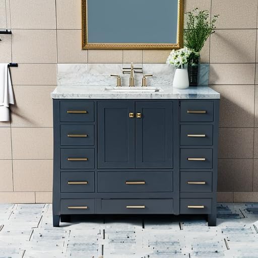 ARIEL Cambridge 36-inch Bathroom Vanity with Sink,Solid Wood, 1.5-inch Italian Carrara Marble Countertop, Single Rectangular Porcelain Sink, 2 Soft Closing Doors, 5 Dovetail Drawers, Midnight Blue