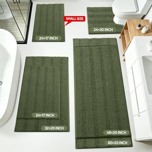Christmas Striped Olive Green Bathroom Rug Mat Set 2 piece 32"x20"+60"x20" Ultra Soft, Non Slip Chenille Bath Rugs, Absorbent Plush Shaggy Bath Mats for Bathroom, Bedroom, Kitchen, Shower, Tub