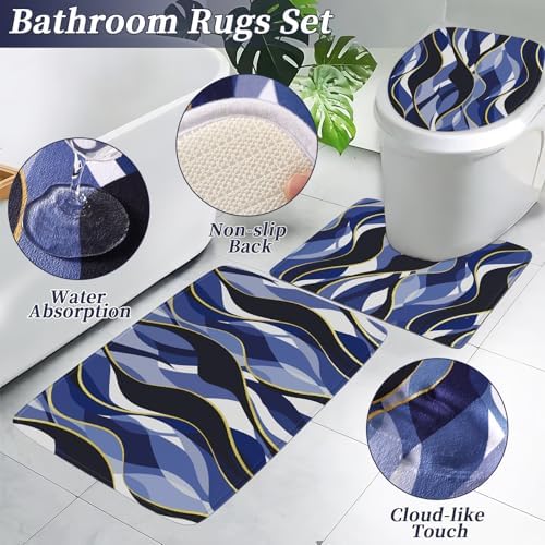 XLHOMO Bathroom Set - Blue and Gold Bathroom Accessories, Bathroom Sets with Shower Curtain and Rugs, Navy Blue Shower Curtain Set with Bathroom Trash Can, Soap Dispenser, Soap Dish for Home Decor